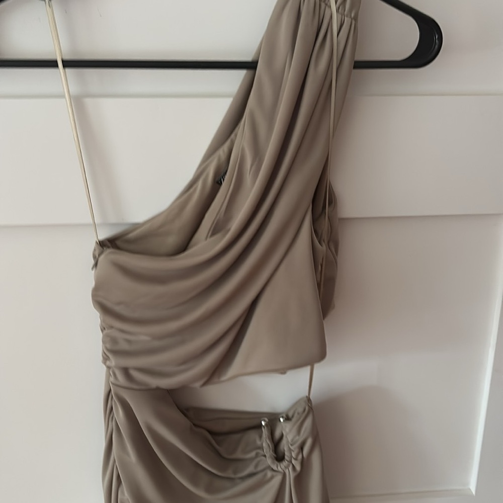 Zara Khaki and Gold Ruched Dress (NWOT) - Picture 8 of 11